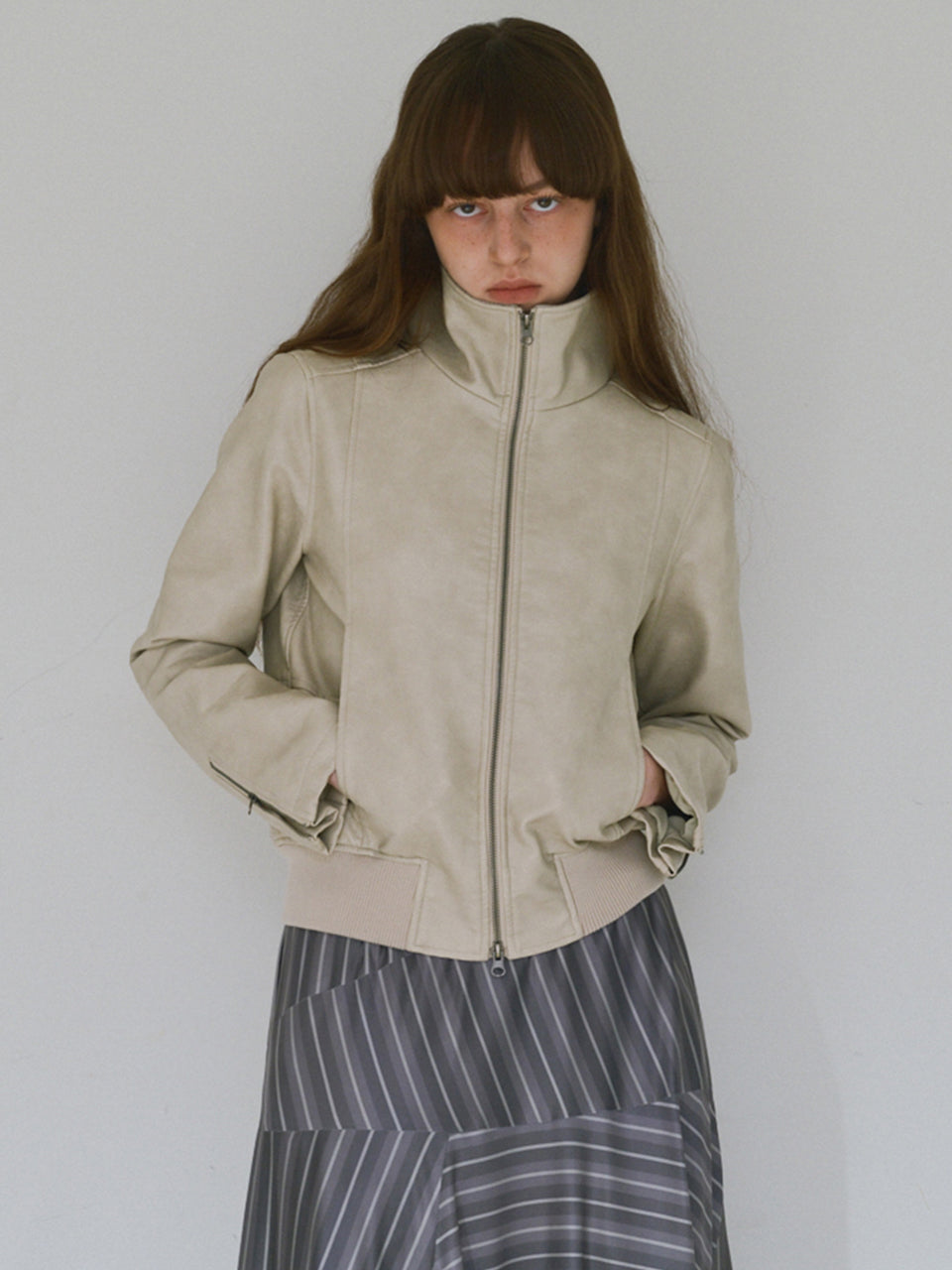 Ribbed Leather Work Jacket Ecru