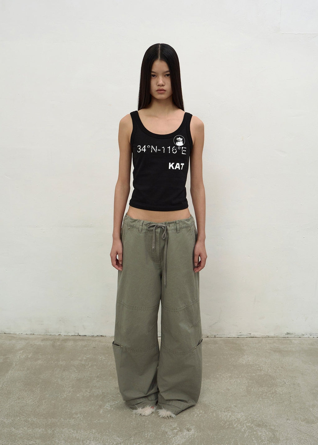 WASHED STRING WIDE-LEG TROUSERS (KHAKI)