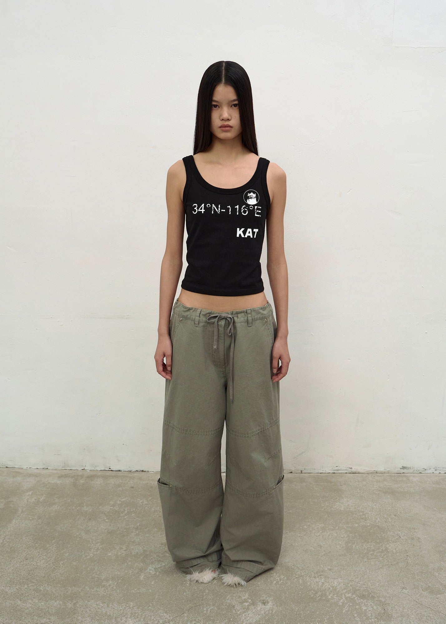 WASHED STRING WIDE-LEG TROUSERS (KHAKI)