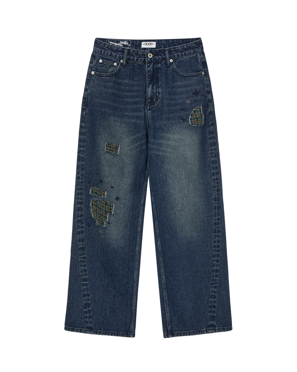CHECK PATCHWORK DENIM PANTS ASH BLUE