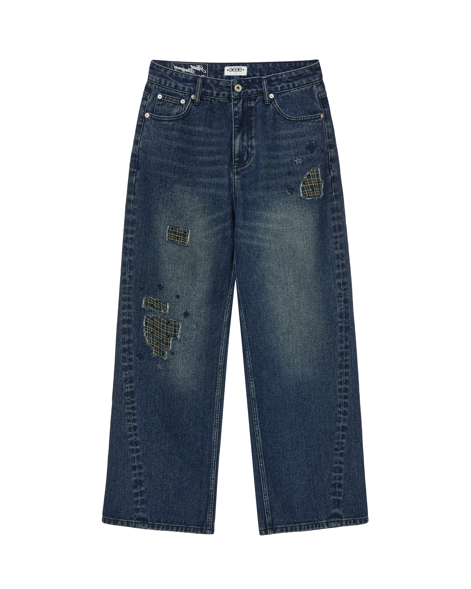 CHECK PATCHWORK DENIM PANTS ASH BLUE