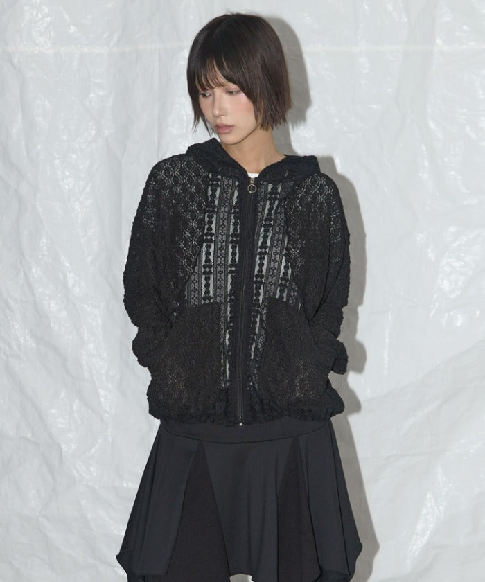 PLUMPY LACE LINE HOOD ZIP-UP (BLACK)