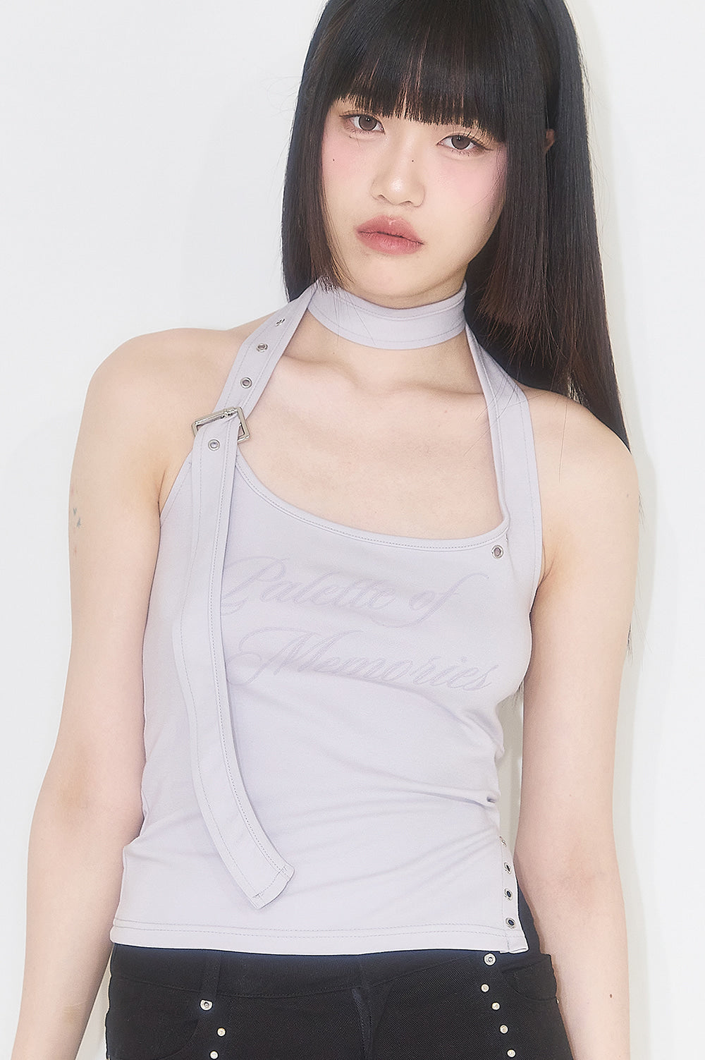 One-shoulder tie sleeveless gray