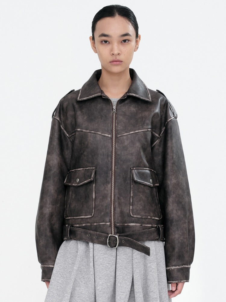 Belted Leather Jacket Brown