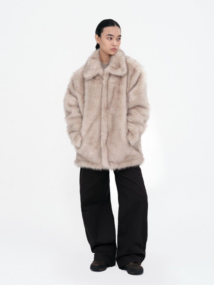 Buckle Long Hair Fur Jacket Light Beige