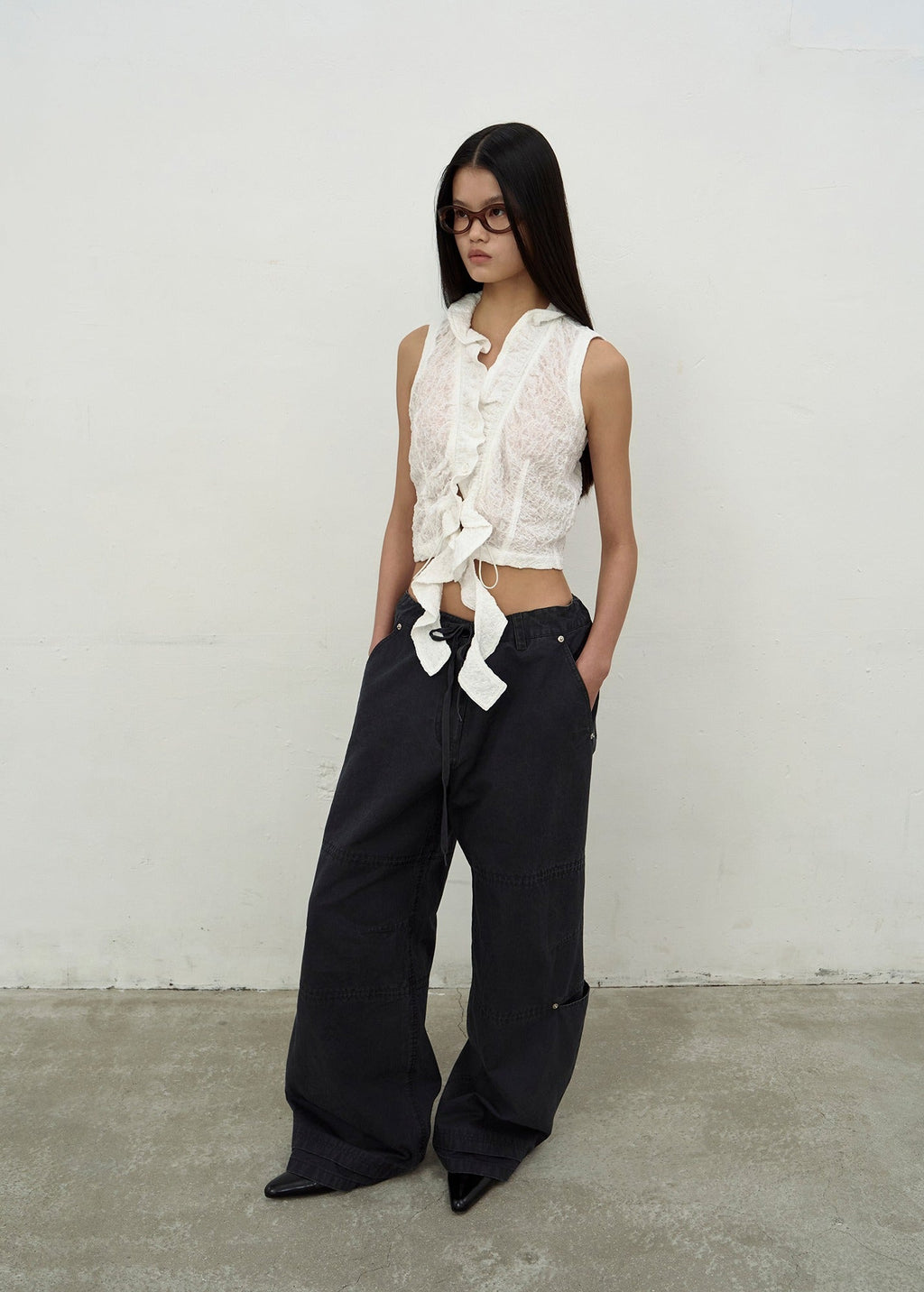 WASHED STRING WIDE-LEG TROUSERS (DARK GREY)