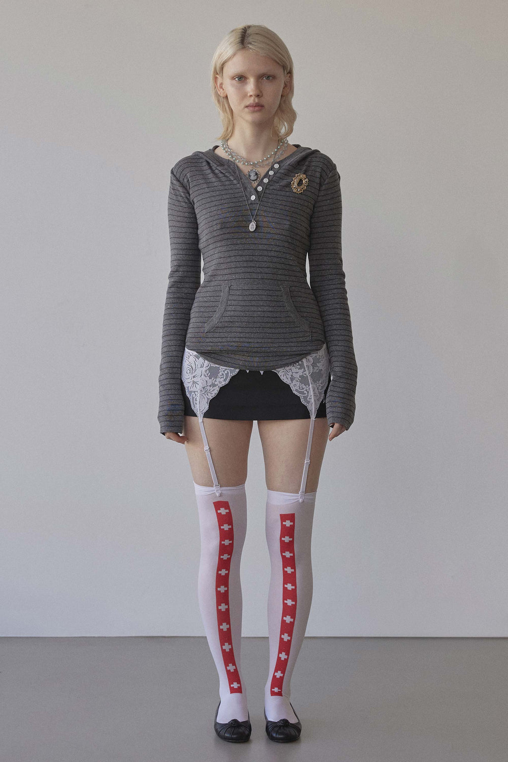 Knitted Stripe Hoodie Charcoal/Black