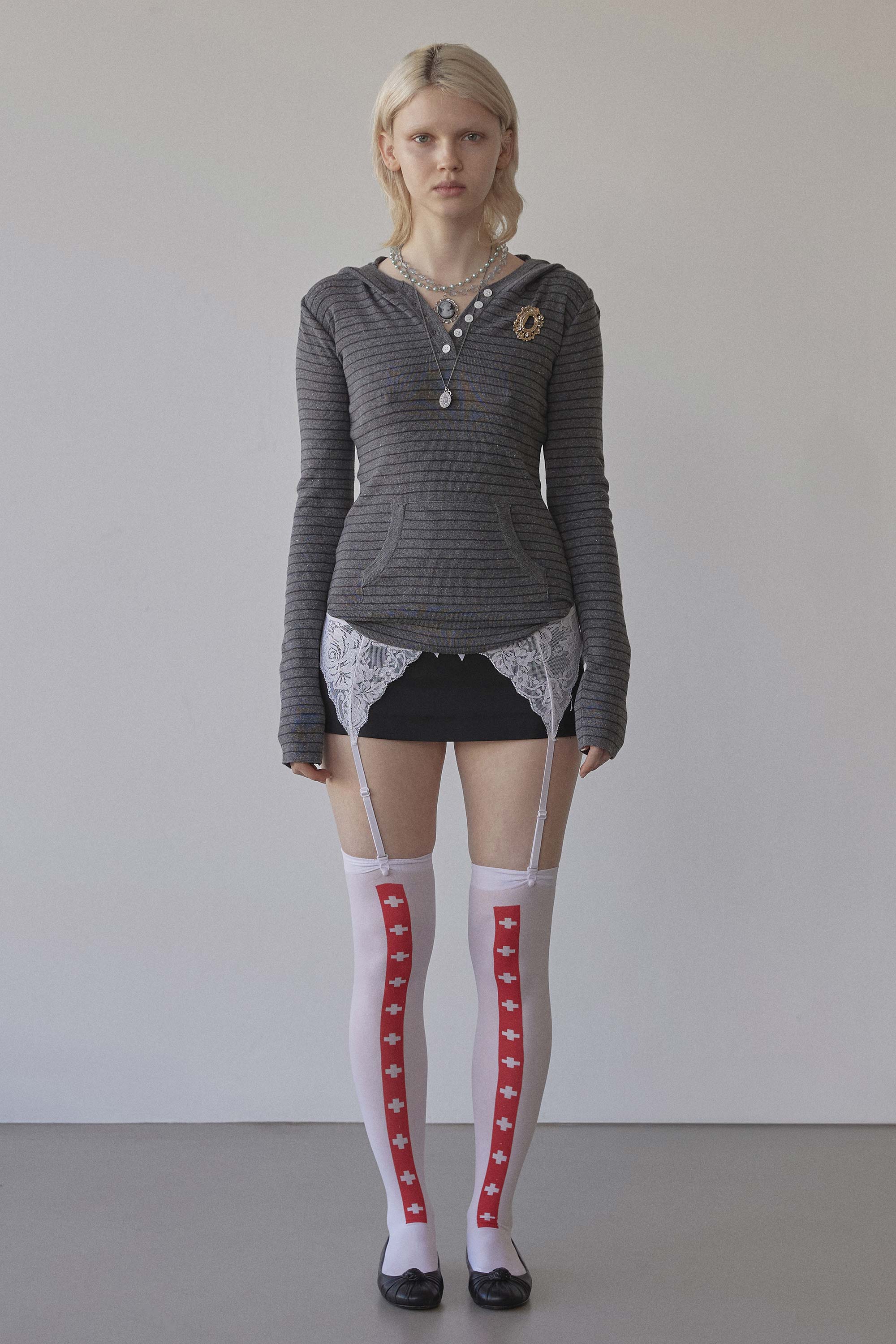 Knitted Stripe Hoodie Charcoal/Black