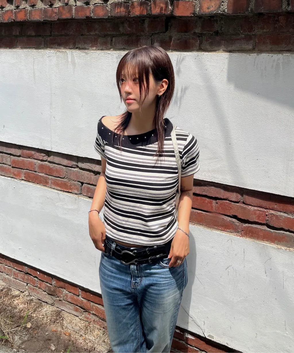 One shoulder studded striped Top / black