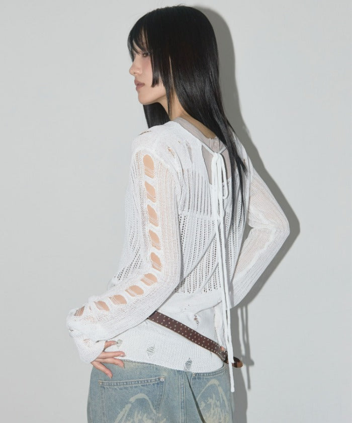 2-WAY DAMAGE KNIT LONG SLEEVE (WHITE)