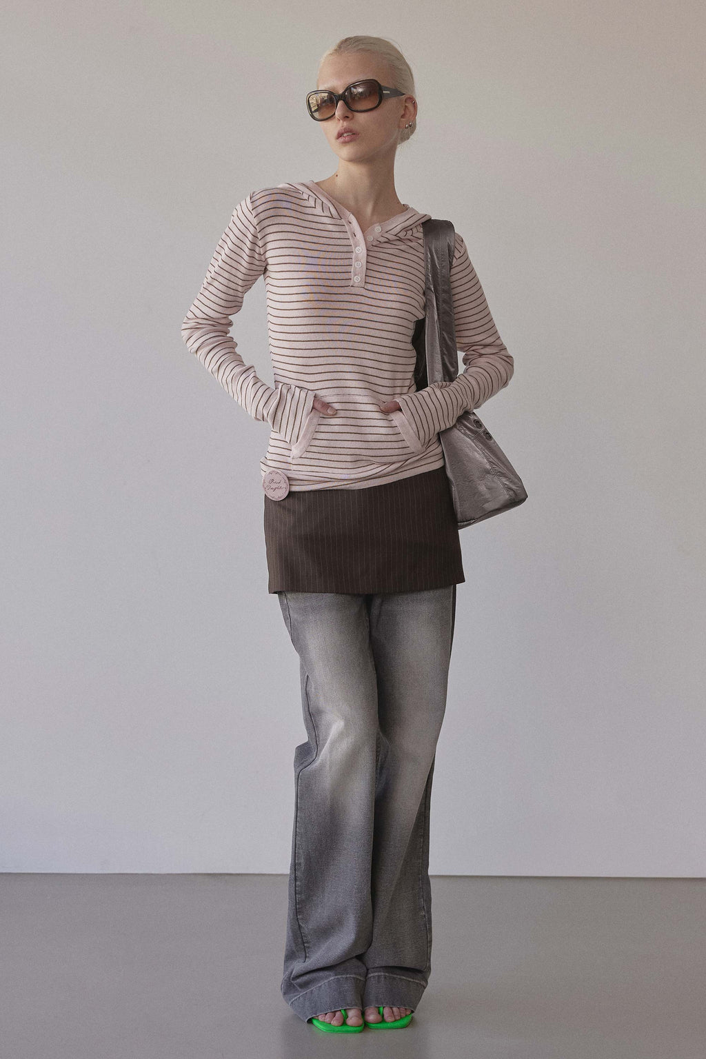 Knitted Stripe Hoodie Pink/Brown