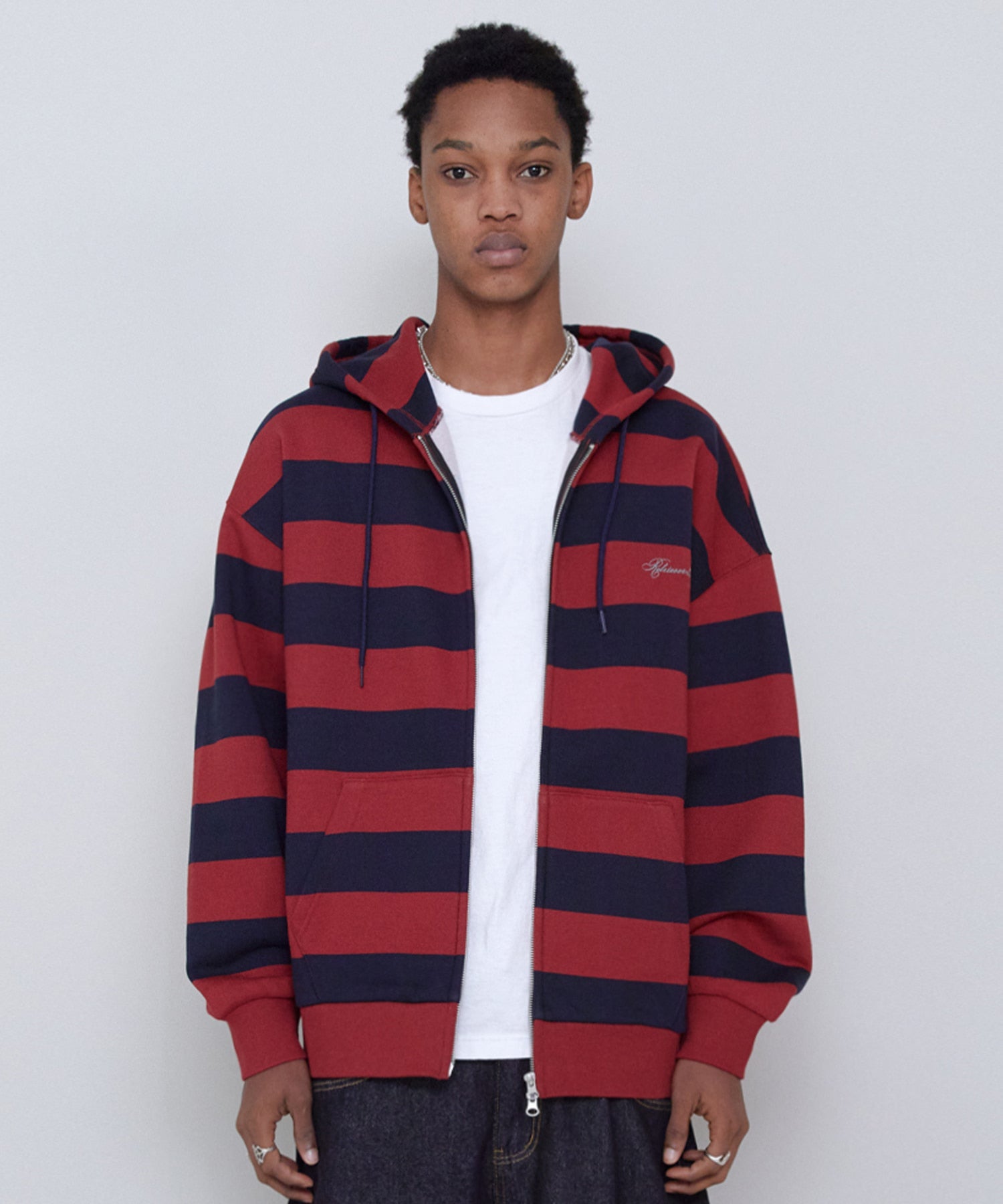 BOLD STRIPE HOOD ZIP UP RED