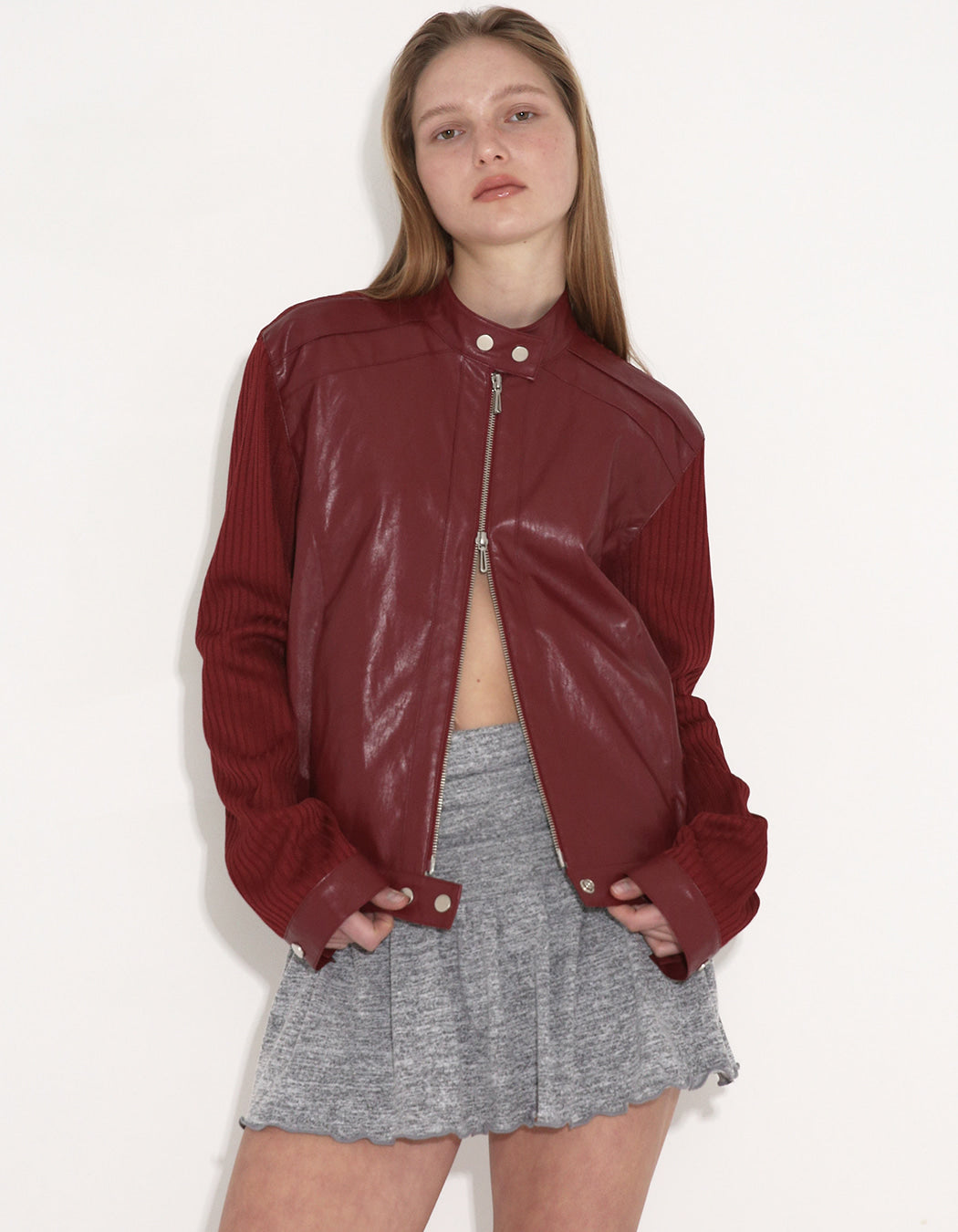 RIBBED PANEL BIKER JACKET / 3 COLOR