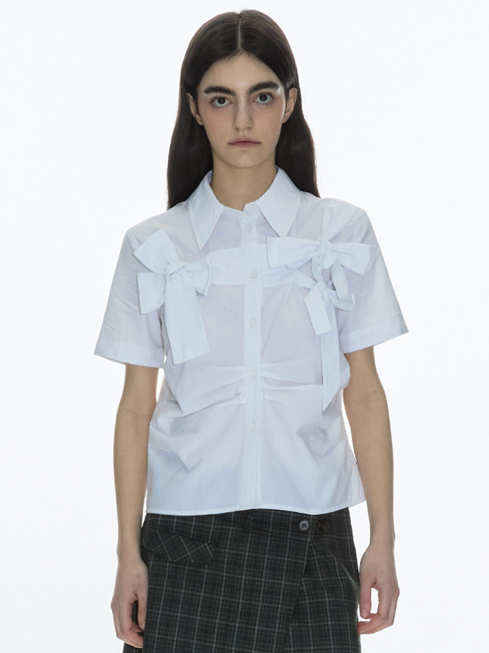 Ribbon Tie Short Sleeve Shirts White