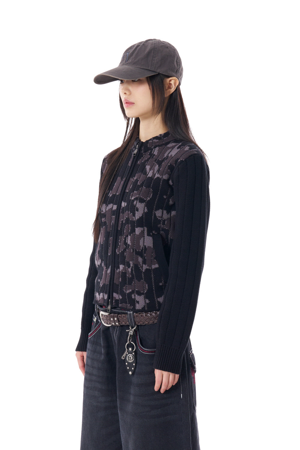 Camouflage Knit Zip-Up Cardigan (Black)