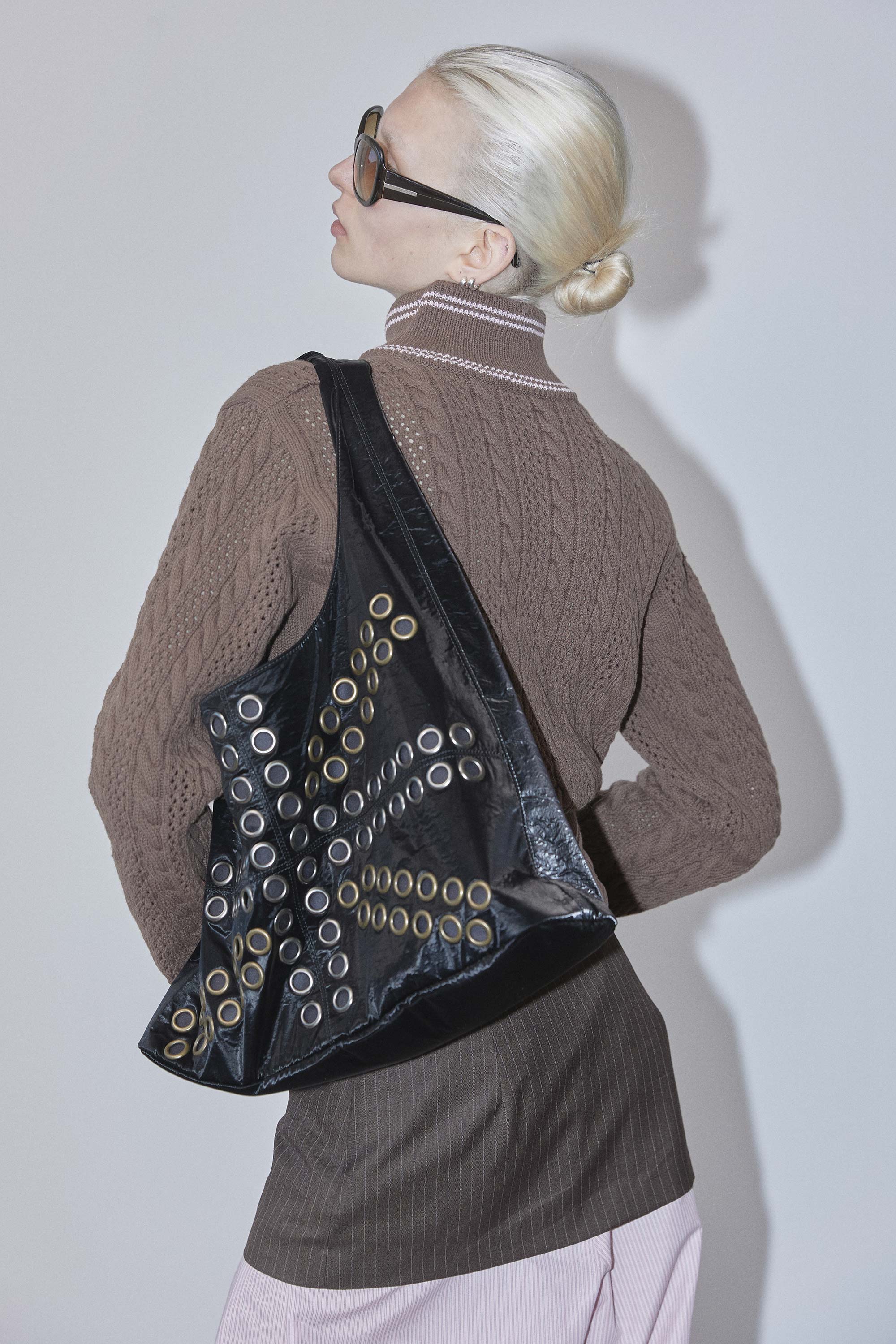 Stud Metallic Hobo Bag Black