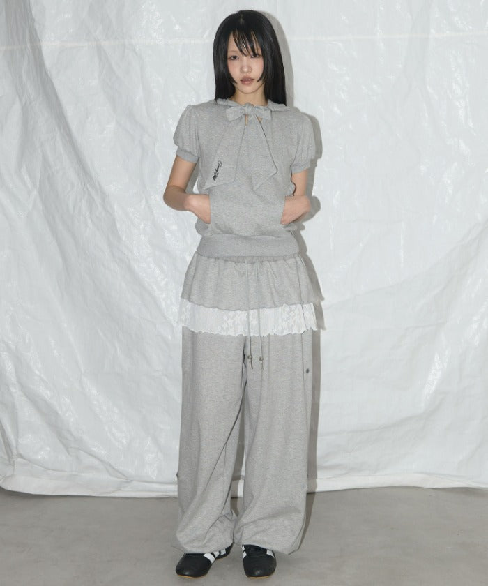 FRILL LACE BUTTON SWEATPANTS (MELANGE GRAY)