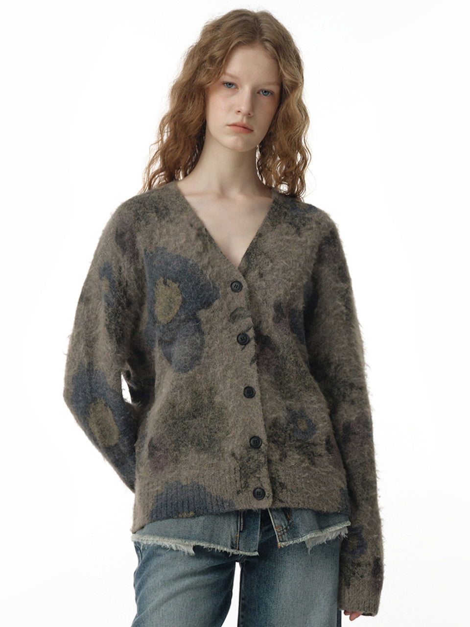 Printed Loose Cardigan Beige