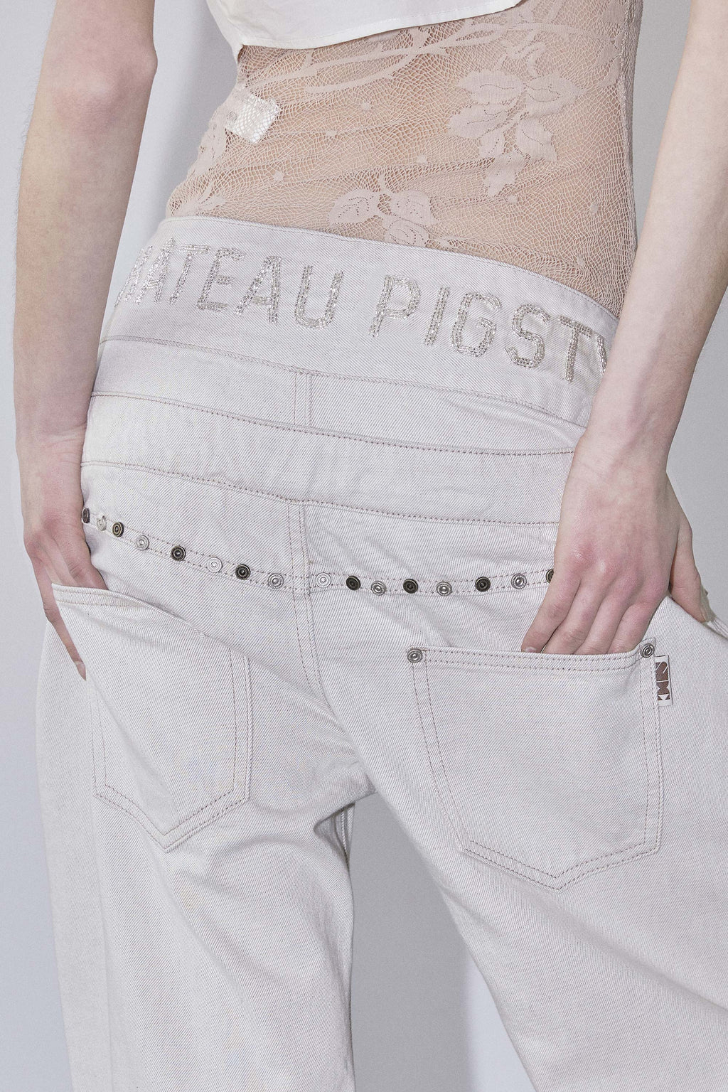 Beaded Layered Denim Pants Nonfade Raw