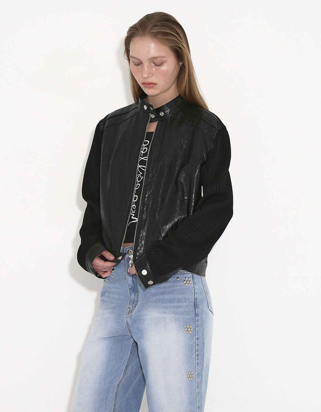 RIBBED PANEL BIKER JACKET / 3 COLOR