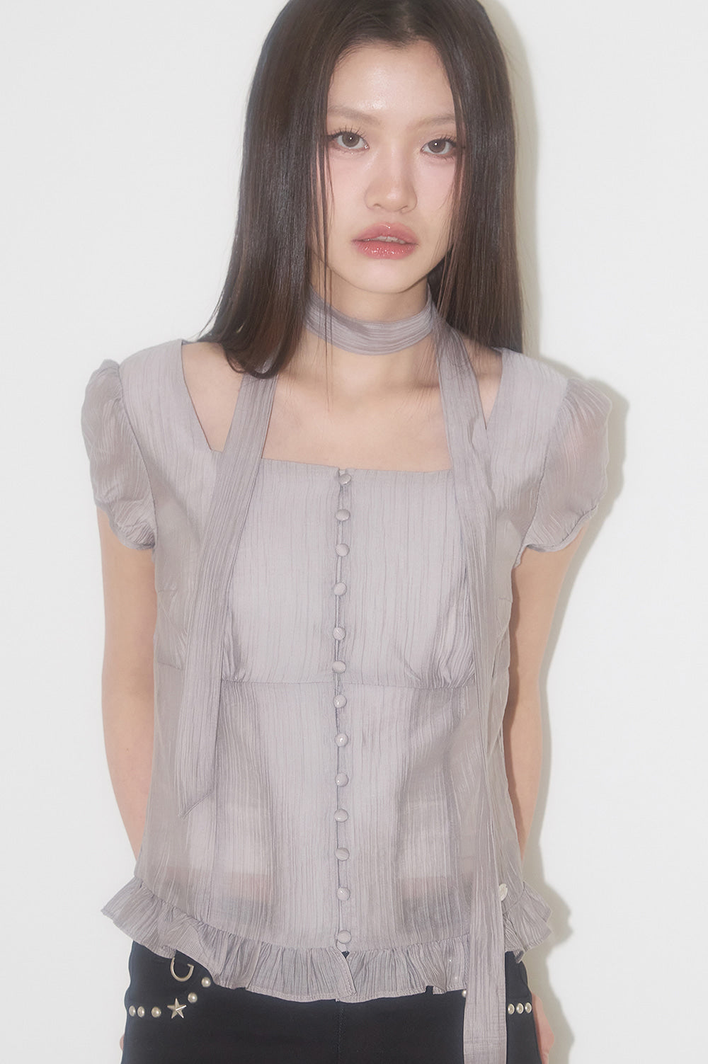 Ribbon Tie Square Neck Blouse Gray