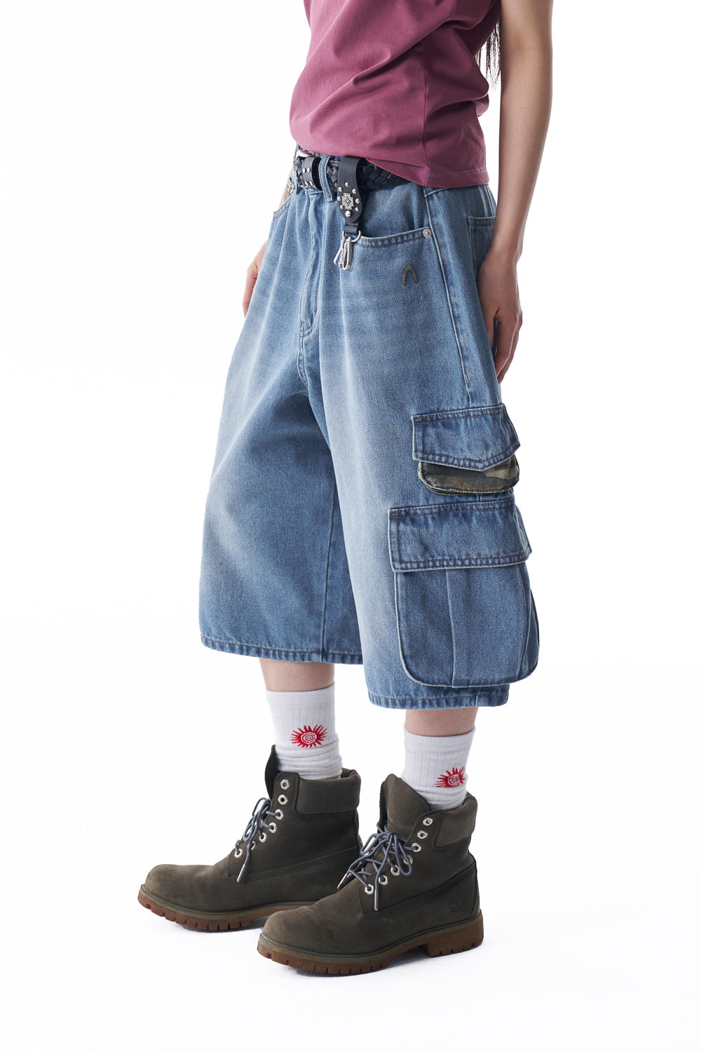 Camo Patch Bermuda Denim Cargo Pants (Blue)