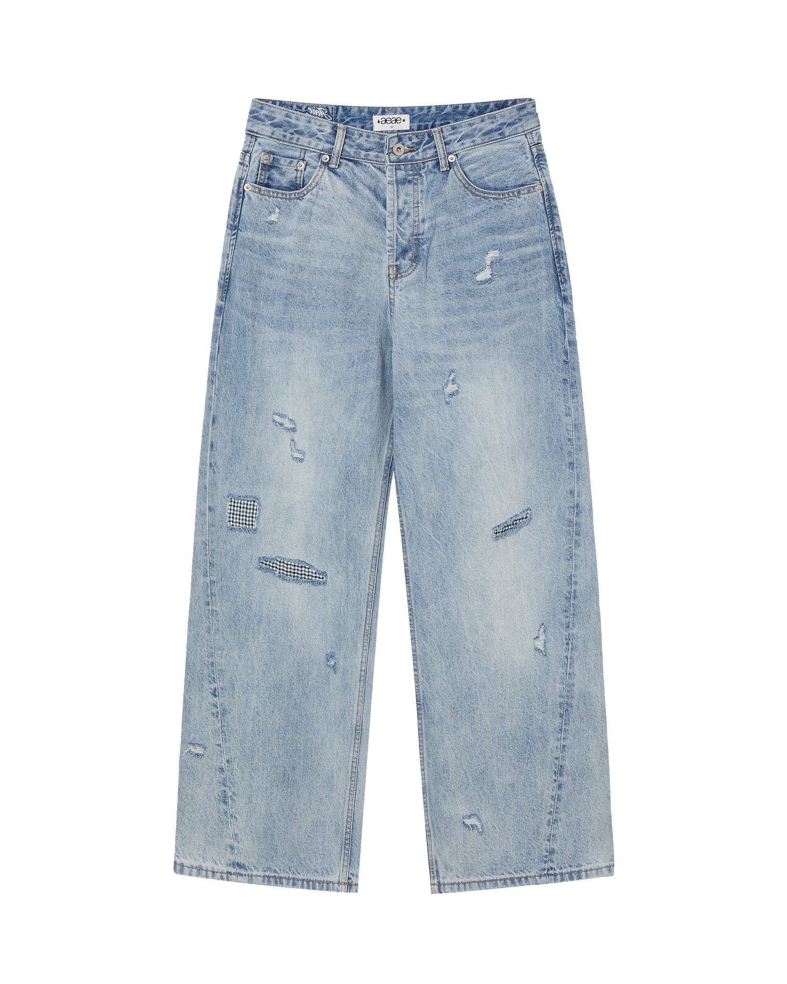 CHECK PATCHWORK DENIM PANTS LIGHT BLUE