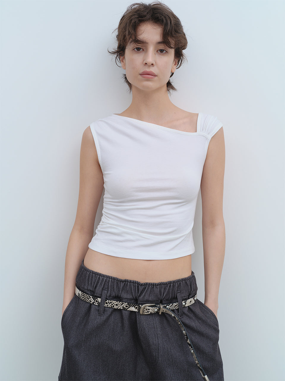Asymmetric Shirring Top White