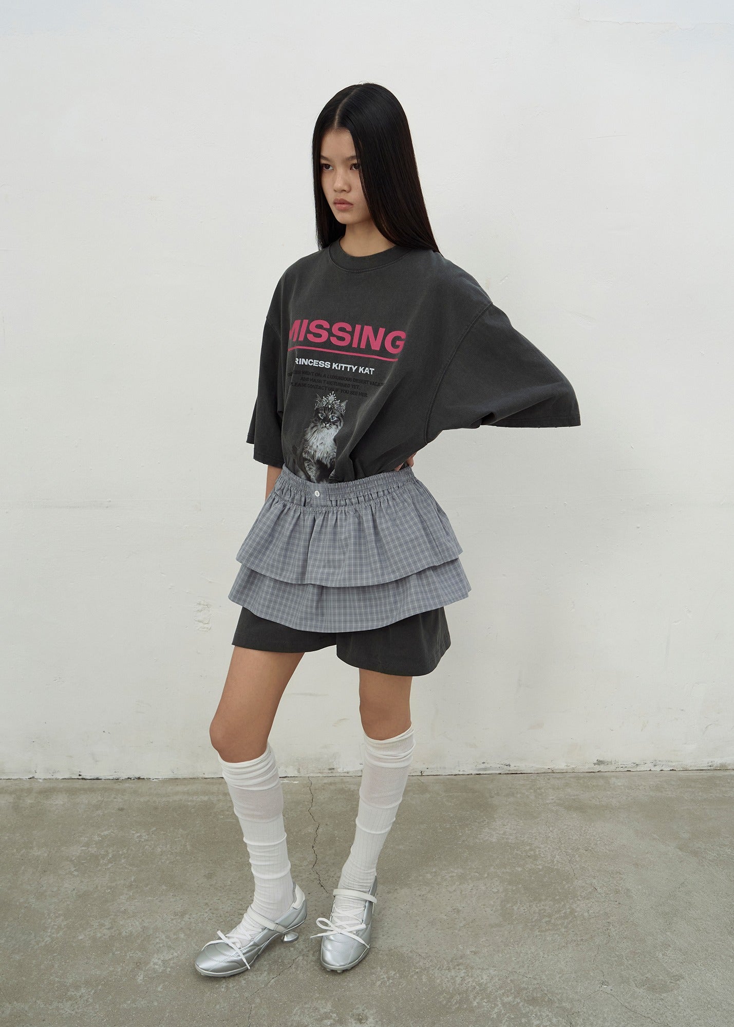 CHECKED FRILL MINI SKIRT (GREY)