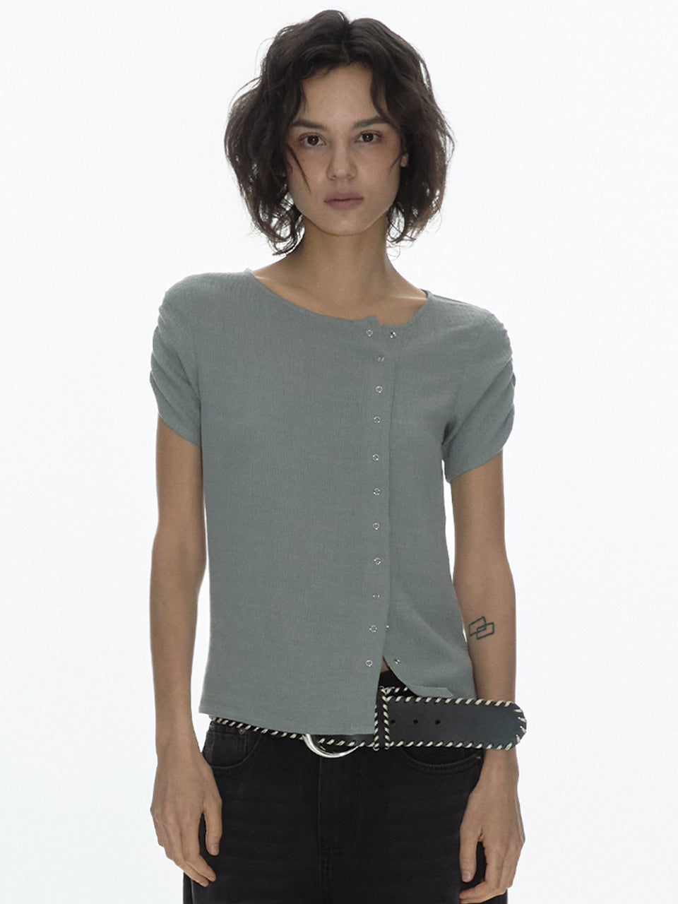 Linnen Button Top Pale Blue