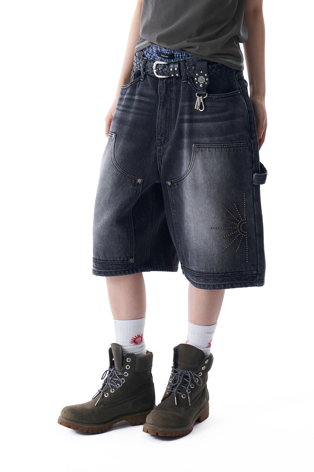 Washed Double Knee Bermuda Denim Pants (Black)