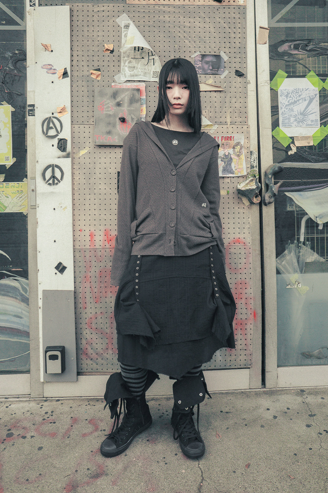 Hooded ribbon cardigan (Charcoal)