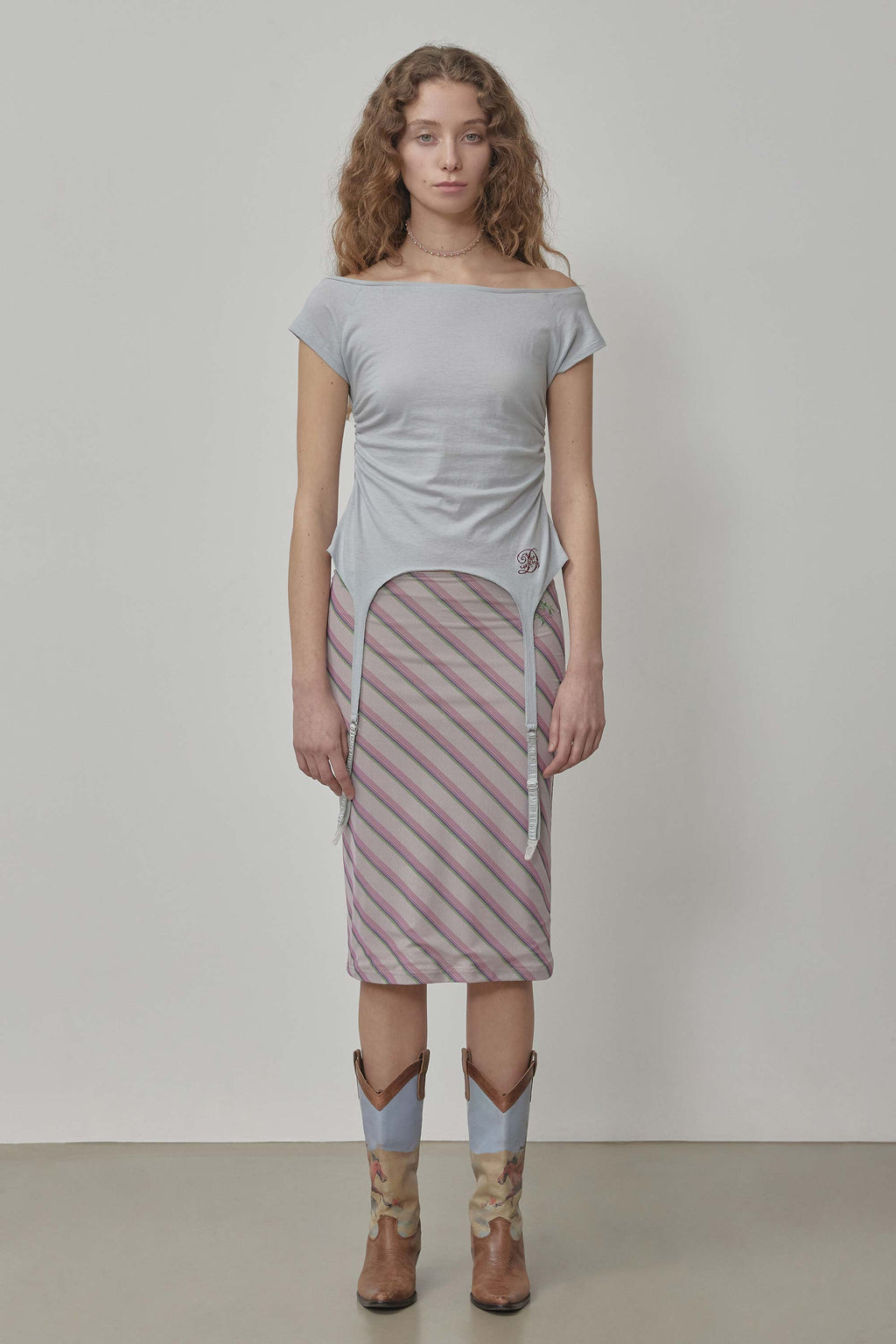 Mesh Stripe Midi Skirt Baby Pink