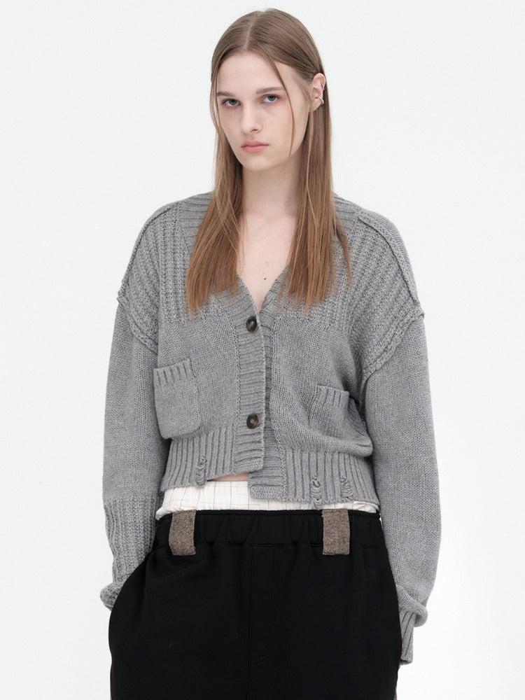 Mixed Cropped Loose Cardigan Gray