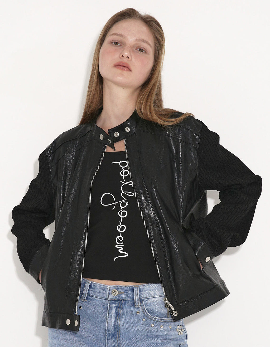 RIBBED PANEL BIKER JACKET / 3 COLOR