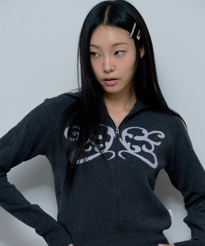 REGLAN SYMBOL KNIT ZIP-UP (CHARCOAL)