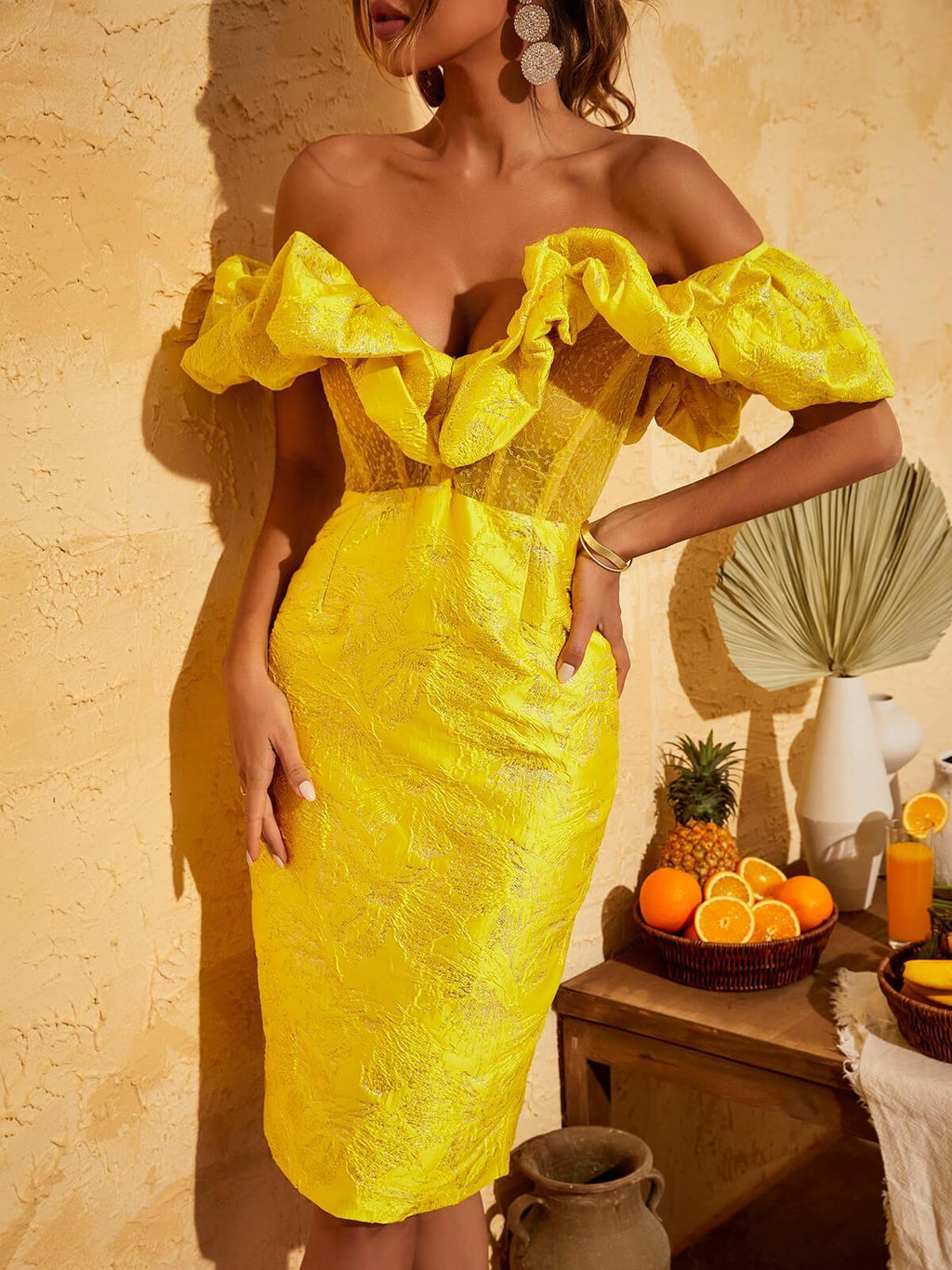 Giselle Jacquard Off Shoulder Midi Dress In Yellow