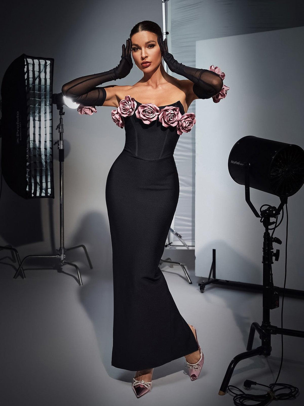 Rosanna Strapless Flower Corset Bandage Dress With Gloves