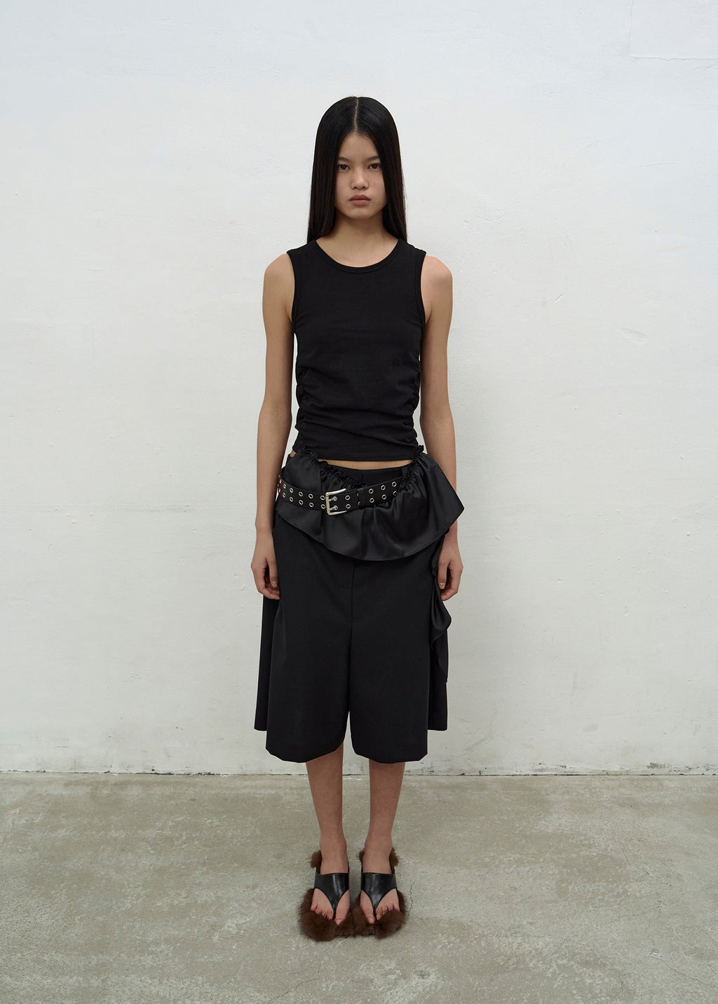 SATIN FRILL SLEEVELESS TOP (BLACK)