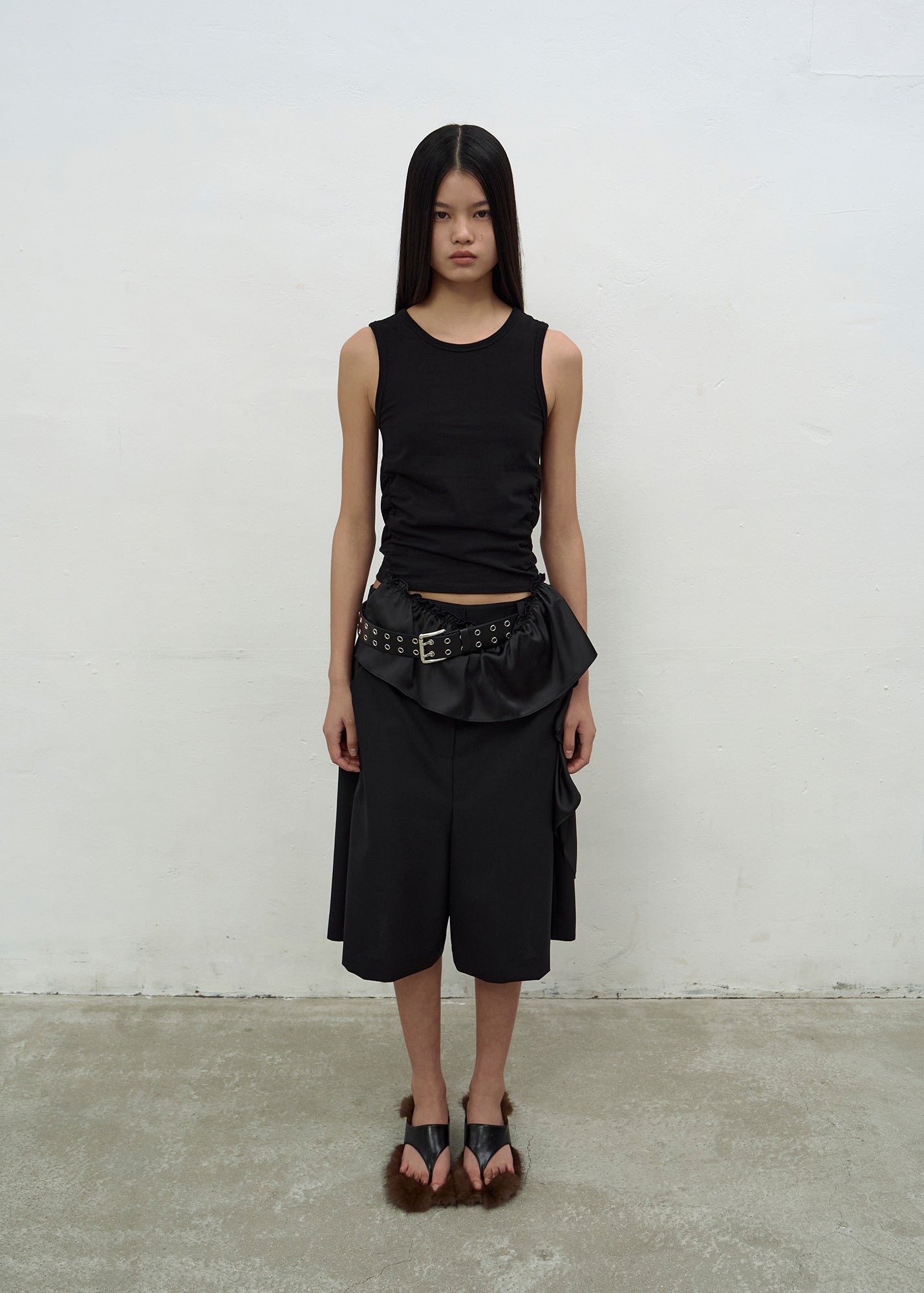 SATIN FRILL SLEEVELESS TOP (BLACK)