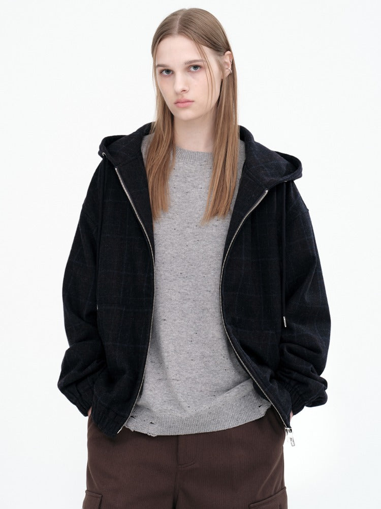 Over Fit Check Hoodie Jacket Indigo Black