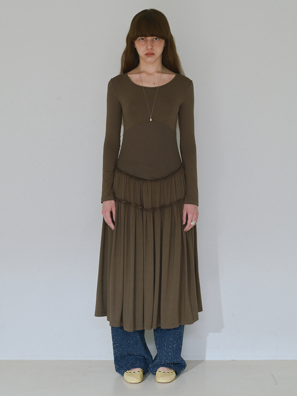 Jersey Shirring Maxi Dress Brown