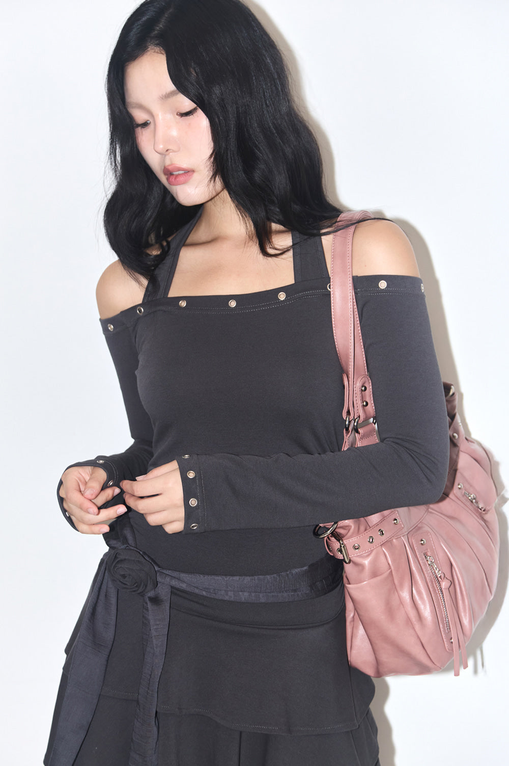 Flare eyelet off-shoulder dress Charcoal