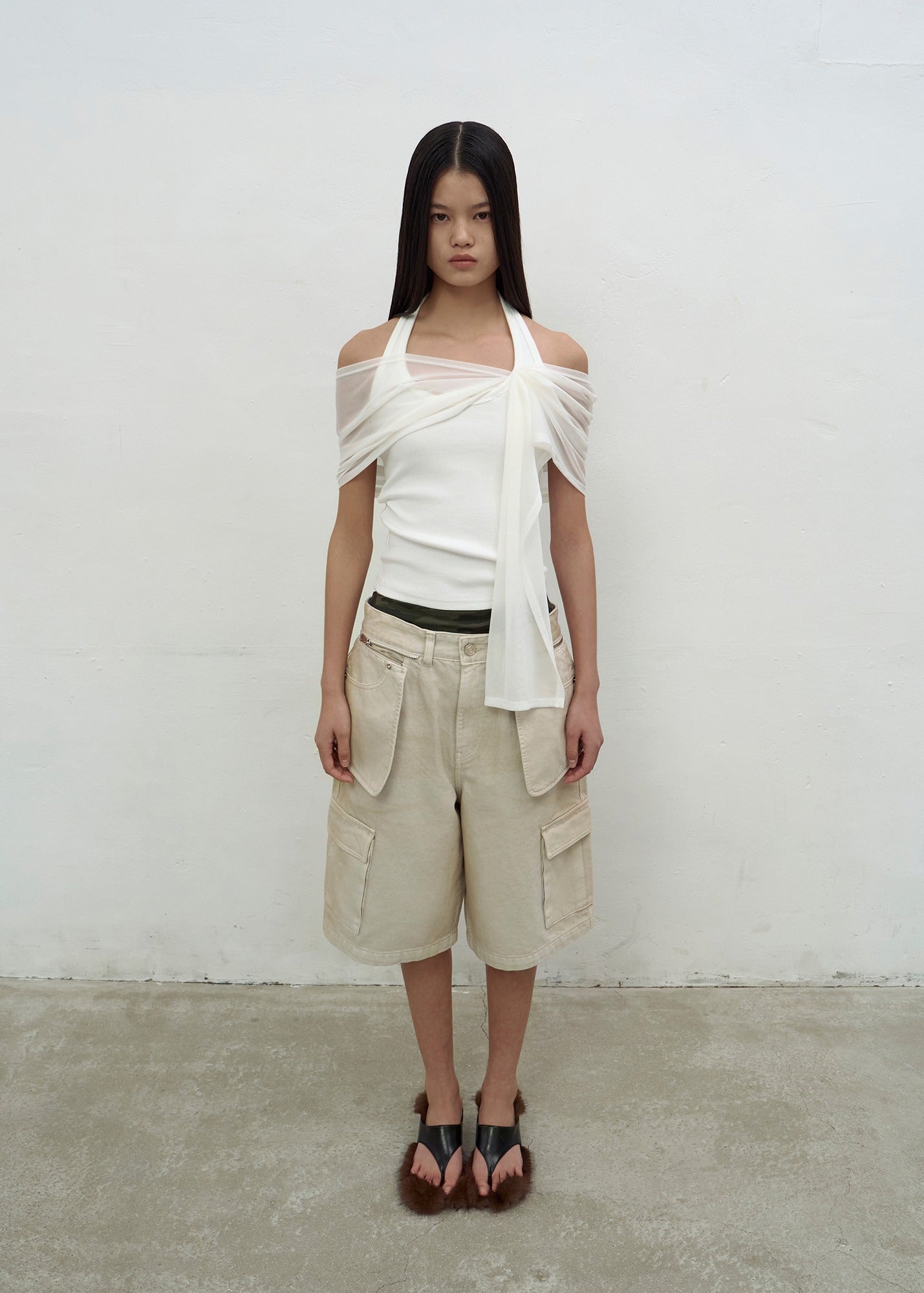 SCARF-DETAIL HALTER-NECK TOP (IVORY)