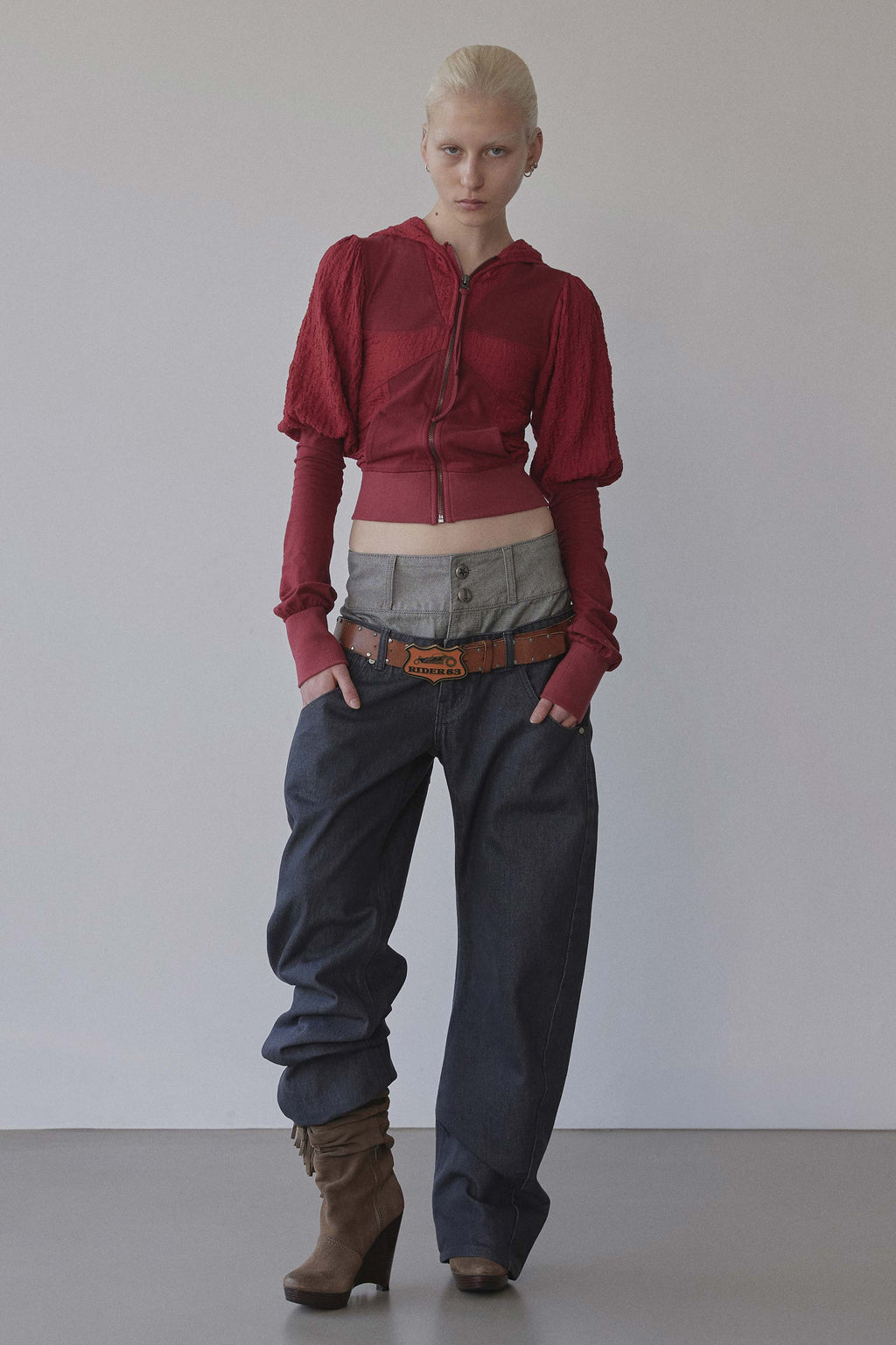 Puff Sleeve Zip-Up Hoodie Red