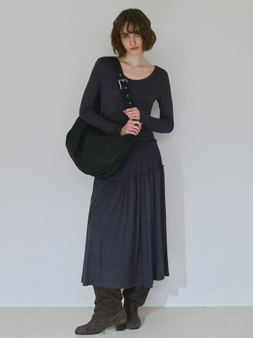 Jersey Shirring Maxi Dress Charcoal