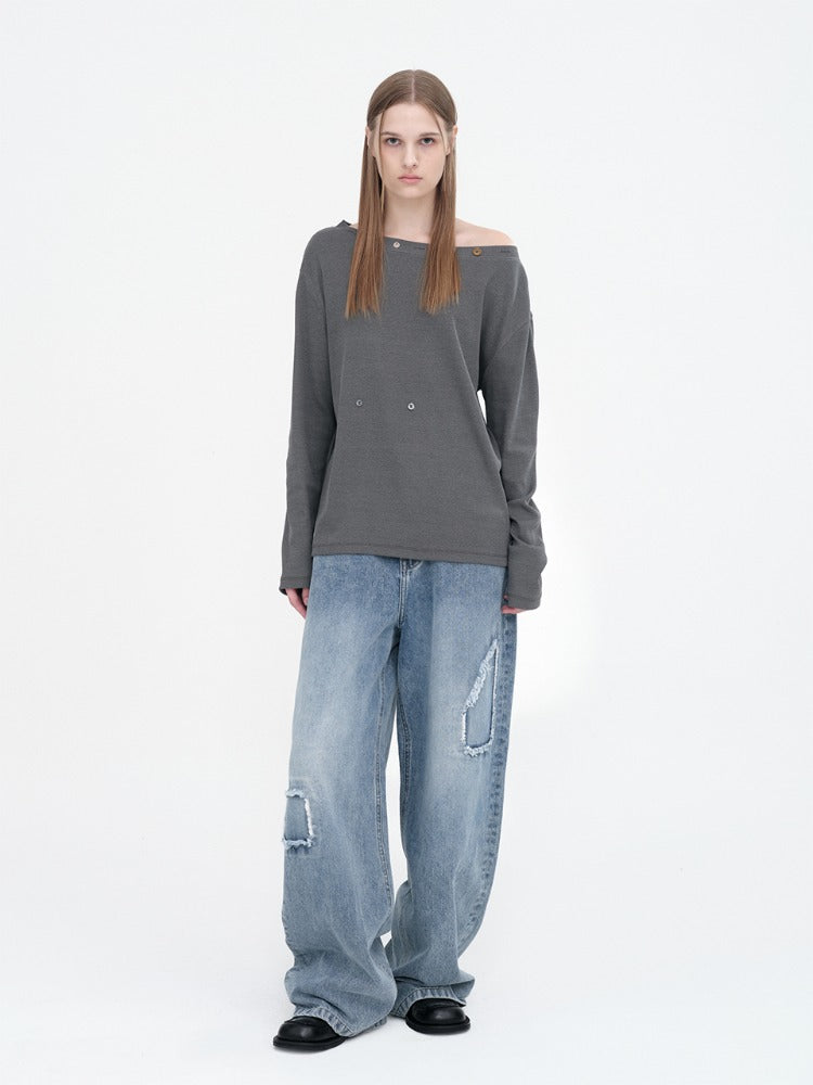 Cut Out Patch Wide Jeans Mid Blue