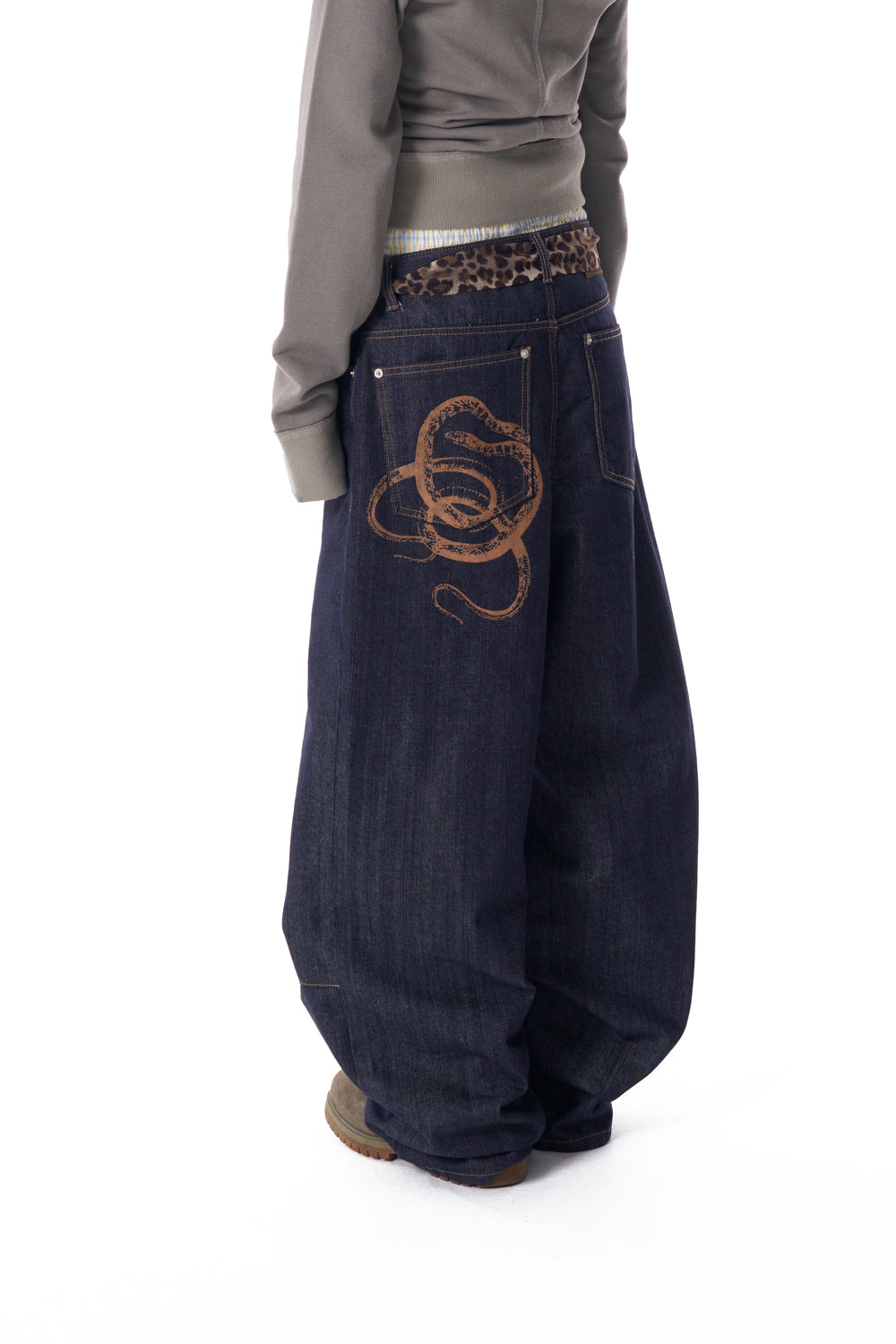 Snake Printed Denim Pants (Dark Blue)