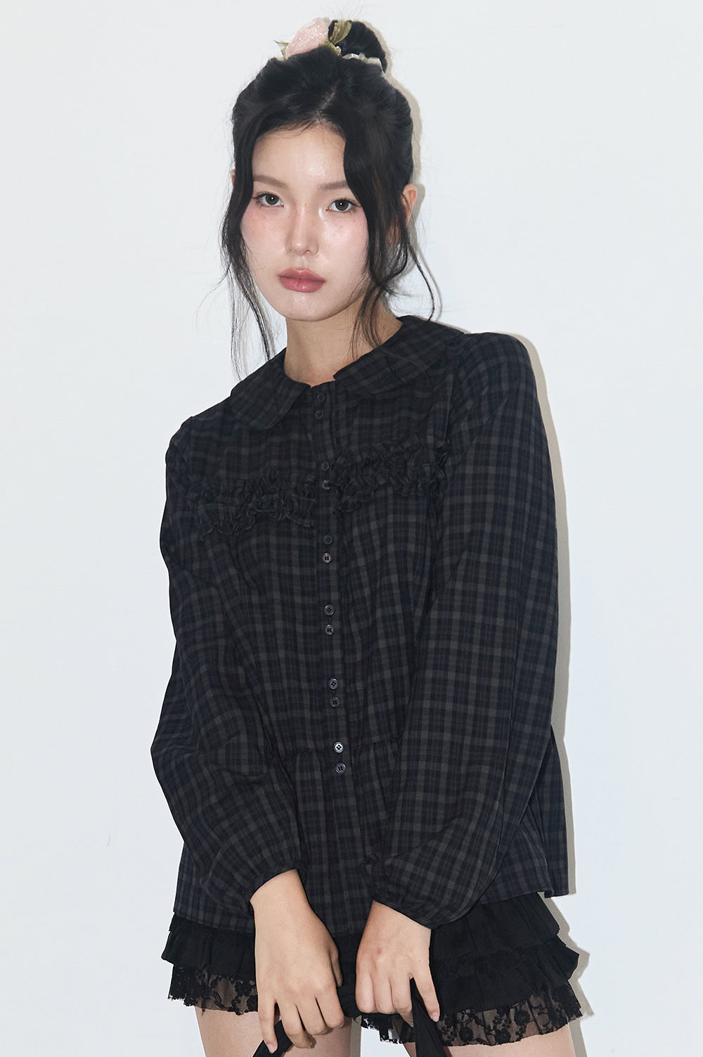 Ruffle Round Shirt Checkered Navy