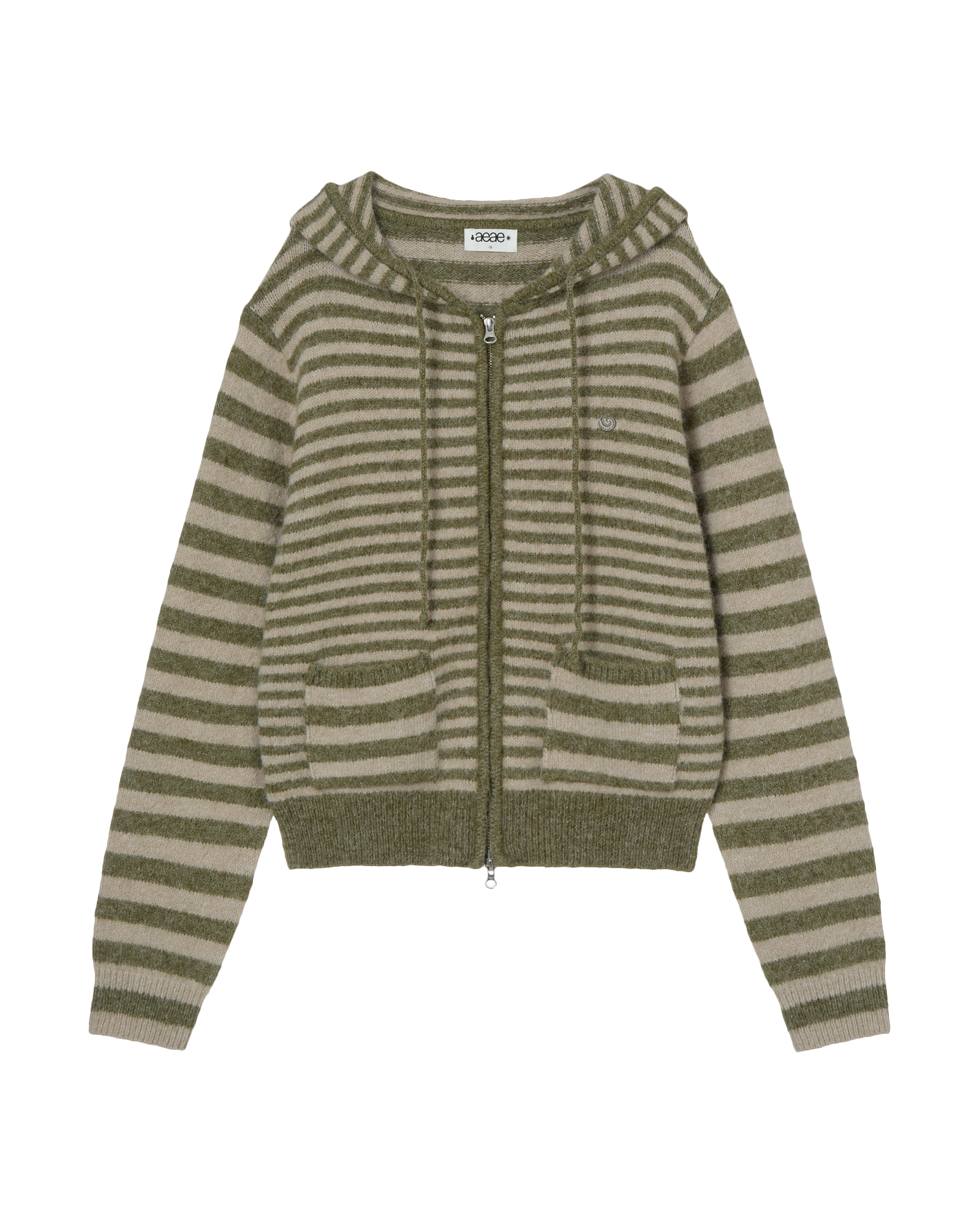 STRIPE HOOD KNIT ZIP UP KHAKI